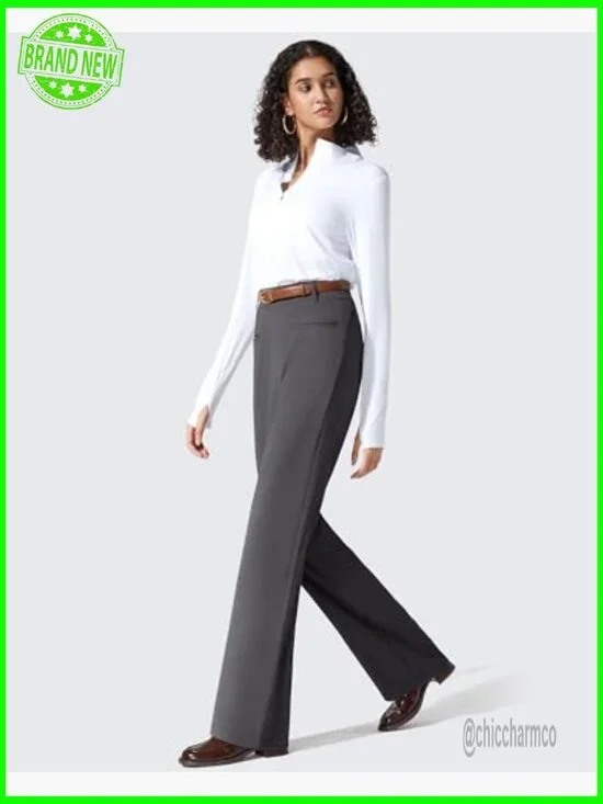 Straight Leg Work Pants with Pockets, High Rise, Stretch Fabric - Picture 7 of 7